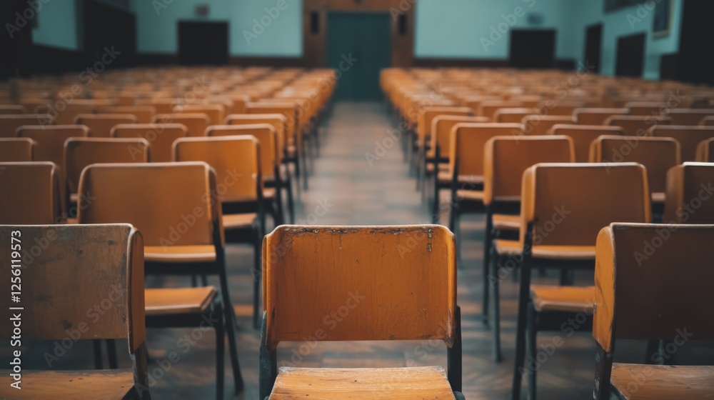 Empty hall, rows of chairs, lecture, education, preparation Empty hall, rows of chairs, lecture, education, preparation
