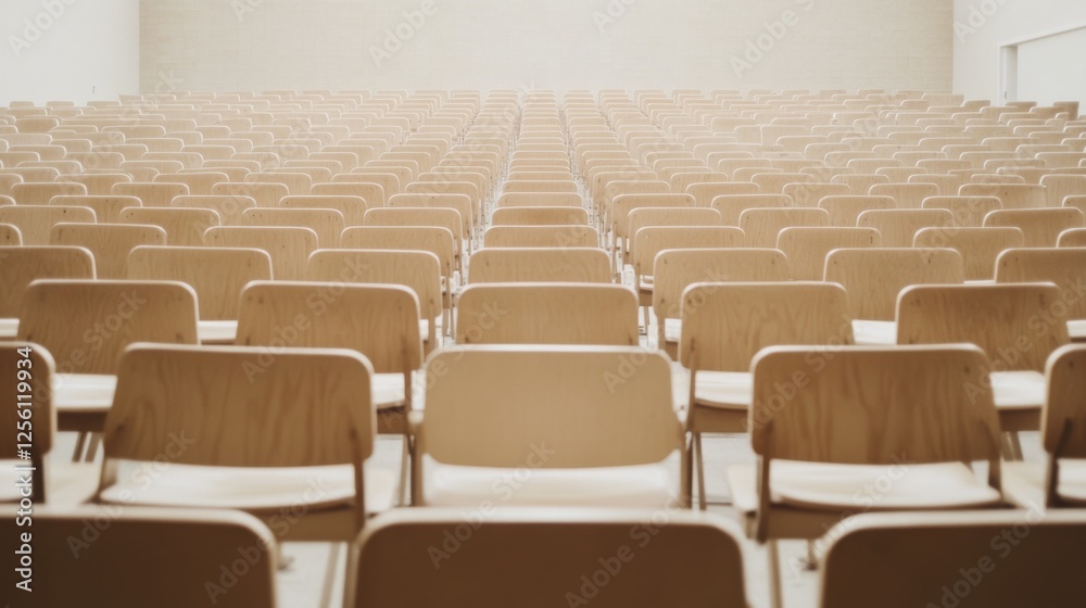 Naklejka premium Empty lecture hall, rows of wooden chairs, bright interior, presentation space