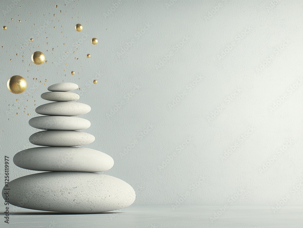 Fototapeta premium Balancing serenity with stacked stones and golden orbs in minimalist space