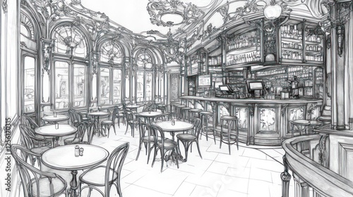 Interior sketch of a historic cafe photo