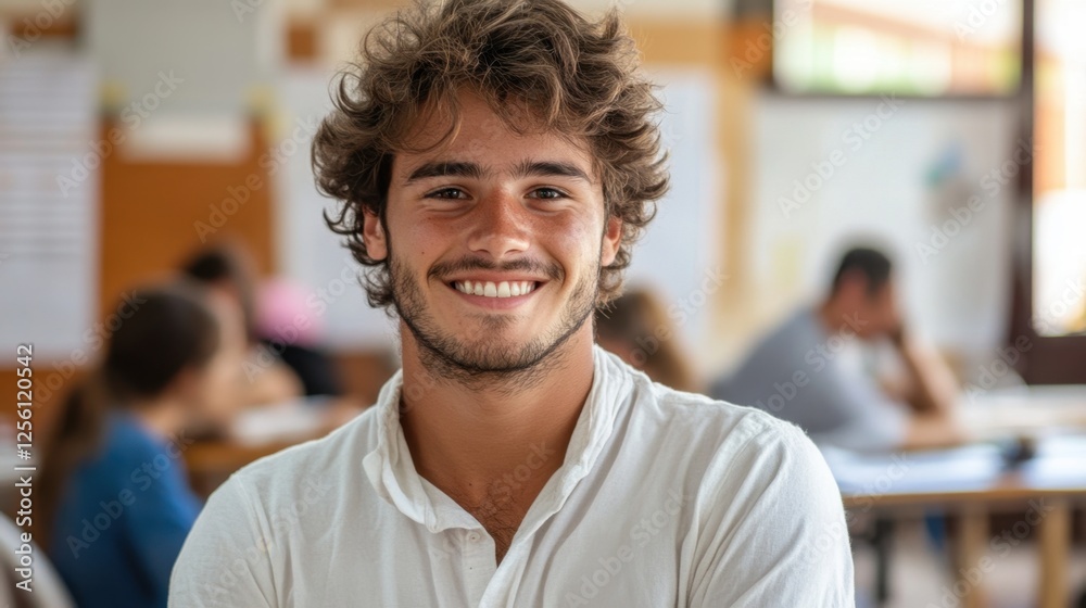 Smiling young man engages with classmates in a vibrant classroom during a study session Smiling young man engages with classmates in a vibrant classroom during a study session