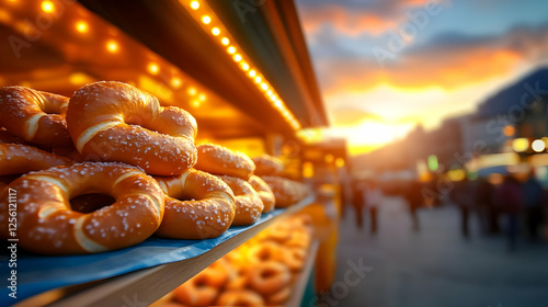 Freshly baked pretzels displayed at a vibrant sunset market, radiating warmth and inviting flavors. photo