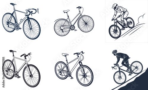 Set of Bicycle and Cyclist Vector Illustrations  Mountain, Road, and Vintage Bikes Silhouettes
