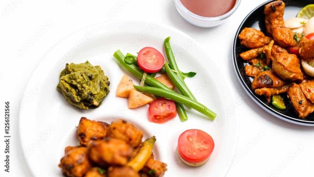 Delicious Indian Meal Chicken Tikka, Green Chutney, and Vegetable Salad Delicious Indian Meal Chicken Tikka, Green Chutney, and Vegetable Salad