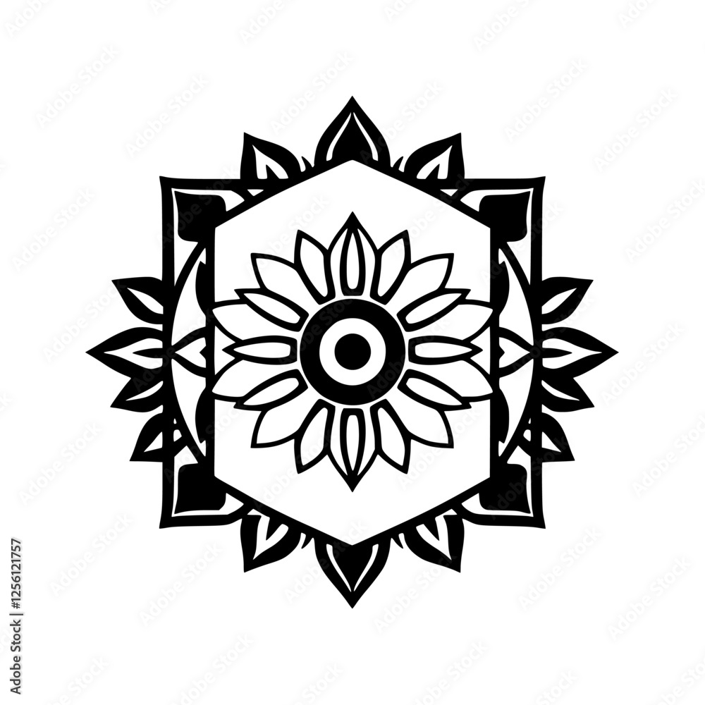 Black and white ornamental mandala design: geometric sunflower-style floral, surrounded by a decorative border. Black and white ornamental mandala design: geometric sunflower-style floral, surrounded by a decorative border.