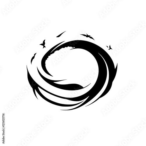 Black circle, white background with black birds flying around it.
