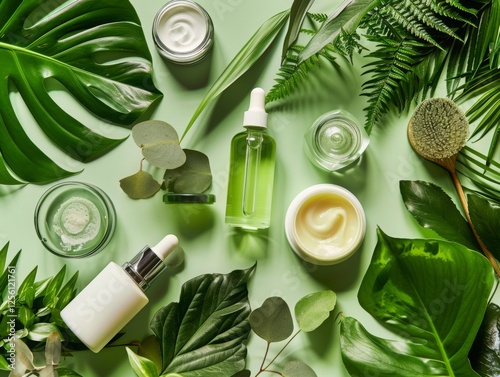 Top view of background with natural green leaves and cosmetic creams, oils, masks.