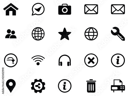 Set of Black Web and UI Icons  Digital Communication, Social Media, Network, and Tools Symbols