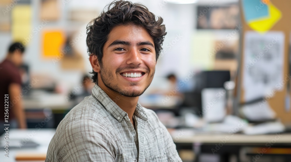 Smiling young man in a collaborative workspace engaged in creative expression and teamwork Smiling young man in a collaborative workspace engaged in creative expression and teamwork