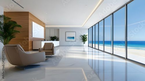 Modern living room overlooking a serene ocean view  featuring minimalistic design and large windows for natural light.