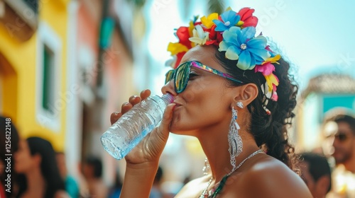 Brazilian Carnival A person drinking water during a street carnival block