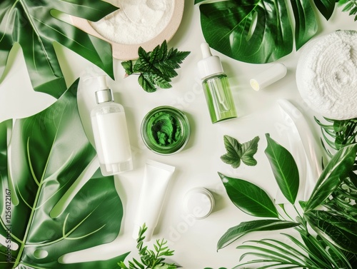 Top view of background with natural green leaves and cosmetic creams, oils, masks.