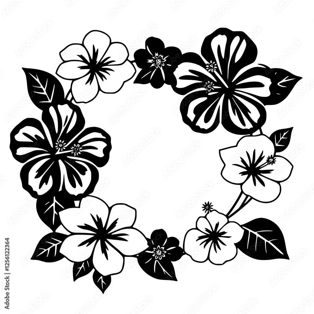 Fototapeta premium A black and white floral wreath depicting a circular arrangement of hibiscus flowers.