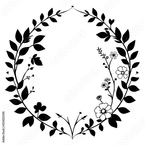 Black and White Floral Wreath:  A minimalist illustration of a botanical wreath, featuring black leaves and flowers on a white background, creating a circular frame.
