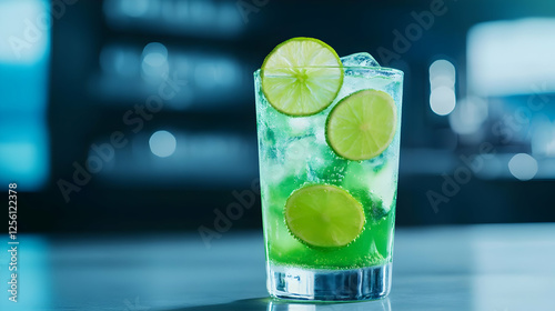 Refreshing cocktail served in a glass with ice and lime slices, perfect for summer enjoyment. photo