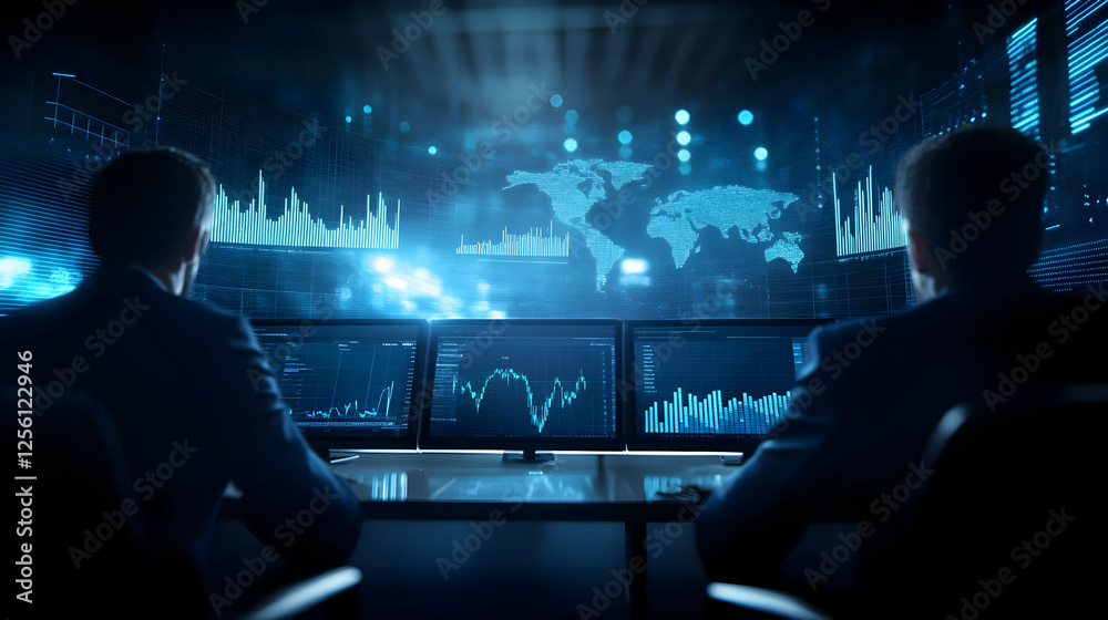 Two professionals analyze data on multiple screens, showcasing a high-tech business environment and advanced analytics. Two professionals analyze data on multiple screens, showcasing a high-tech business environment and advanced analytics.