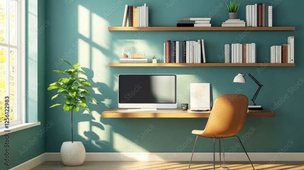 Small study nook with a wall-mounted desk, a floating chair, and shelves above for efficient storage Small study nook with a wall-mounted desk, a floating chair, and shelves above for efficient storage