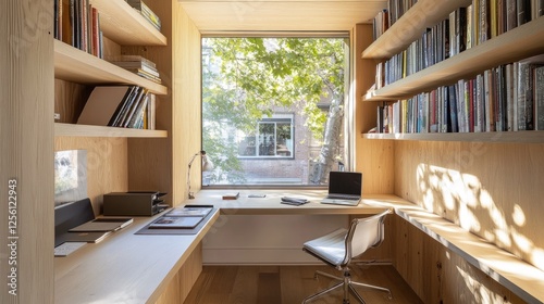 Small study nook with a wall-mounted desk  a floating chair  and shelves above for efficient storage