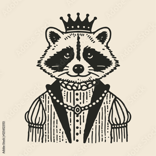 raccoon wearing medieval style classy clothes and a crown, vintage animal portrait sketch