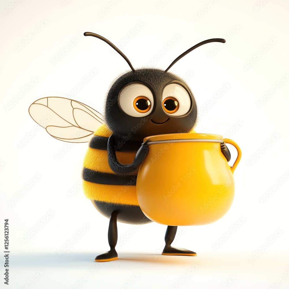 Cartoon bee holding honey pot, adorable, 3D render, digital illustration, fun, children's, illustration, perfect for branding Cartoon bee holding honey pot, adorable, 3D render, digital illustration, fun, children's, illustration, perfect for branding
