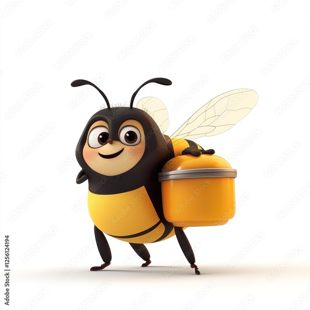 Obraz premium Cartoon bee carrying honey pot, cheerful expression, 3d illustration, cute character, background white, for kids, product design, stock image