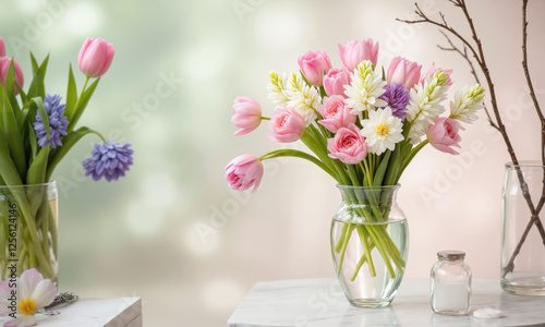 Wallpaper Mural Spring Awakening (Tulips Hyacinths Ranunculus) rounded transparent vase with pastel-pink water, holding a bright and uplifting mix Torontodigital.ca