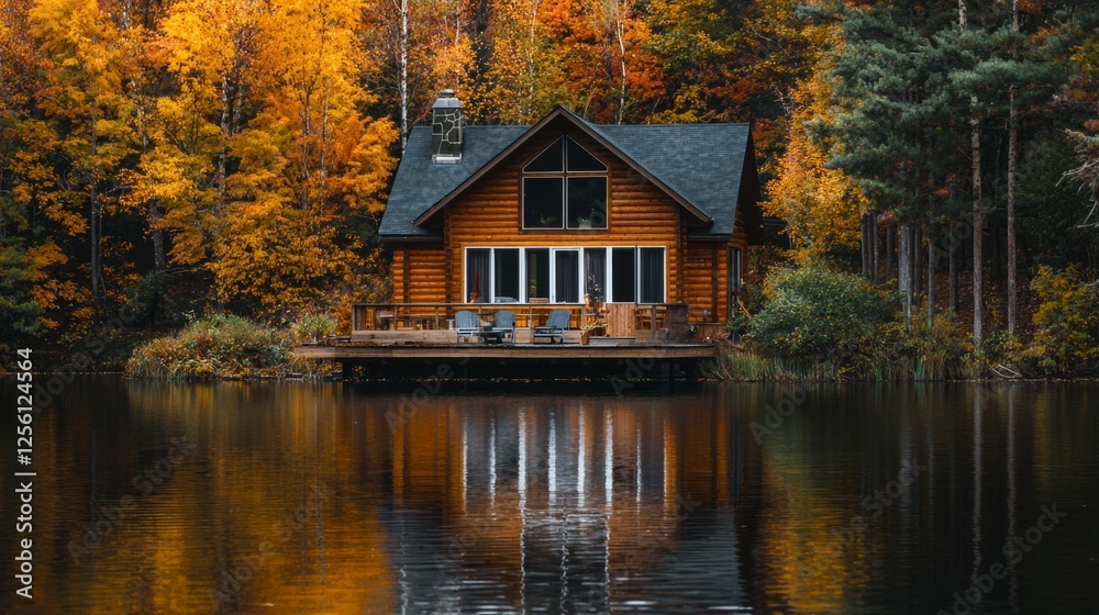 Cozy Wooden Cabin by Serene Lake Surrounded by Autumn Foliage Cozy Wooden Cabin by Serene Lake Surrounded by Autumn Foliage