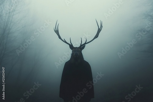 Surreal image of a mysterious figure wearing a deer head and a dark cloak, standing in a foggy forest, creating a dark and mysterious atmosphere photo