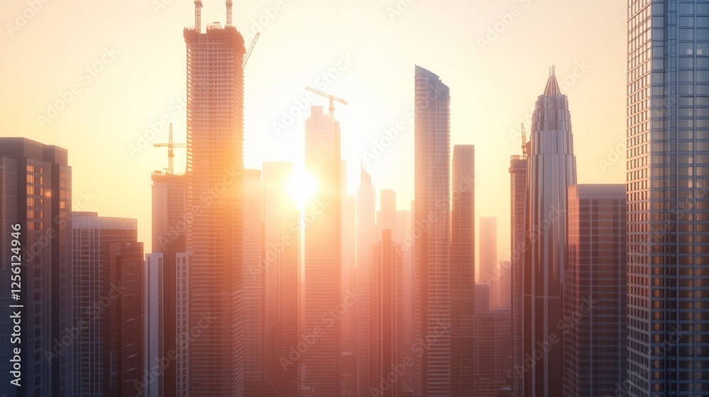 Fototapeta premium Cityscape sunrise, skyscrapers under construction, urban development, morning light