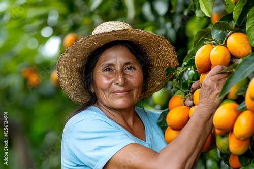 A hardworking Mexican female farmer in a blue shirt and a straw hat harvests fresh yellow mangoes in a tropical orchard.