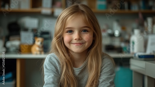 Smiling young girl brightens the cozy indoor workspace with her joyful presence and captivating gaze