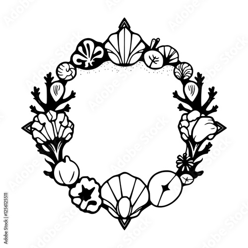 Intricate wreath composed of shells, plants, and other natural elements, crafted in a black and white outline style.
