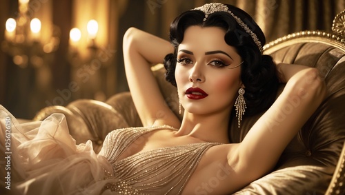 Captivating evening elegance of a glamorous woman adorned in vintage attire, exuding grace and charm in a luxurious setting reminiscent of classic Hollywood glamour photo