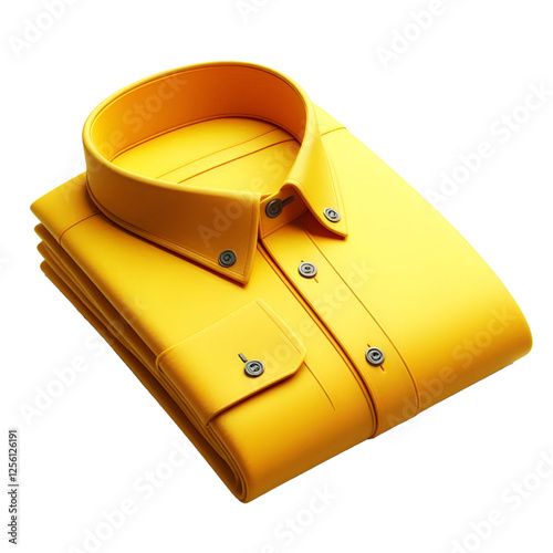 3D illustration of a folded yellow shirt with a pointed collar and button details. The shirt features a clean, modern look in vibrant yellow. isolated on white background