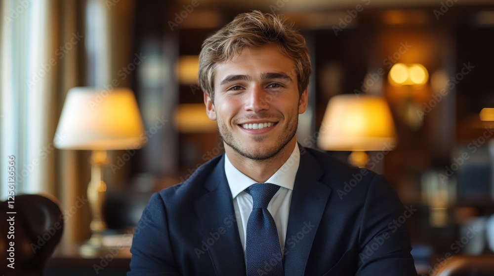 Fototapeta premium Smiling young professional in a sleek office setting showcasing confidence and warmth during a productive afternoon