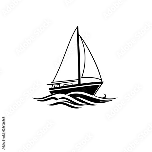 Sailboat silhouette gliding over water with black minimalist waves.
