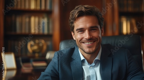 Confident professional enjoying a moment of success in a luxurious library office during the afternoon
