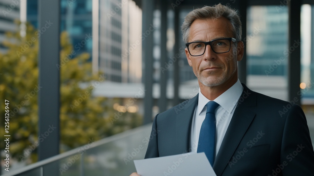 Confident businessman, city background, holding papers, financial success Confident businessman, city background, holding papers, financial success