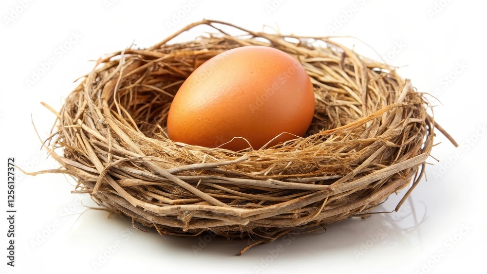 Single Egg in Bird Nest on White Background Single Egg in Bird Nest on White Background