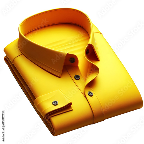 3D illustration of a folded yellow shirt with a pointed collar and button details. The shirt features a clean, modern look in vibrant yellow. isolated on white background