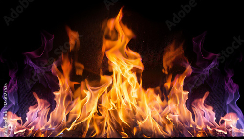 fireplace flame remoted on black isolated background lovely yellow orange and pink and purple blaze fire flame texture fashion