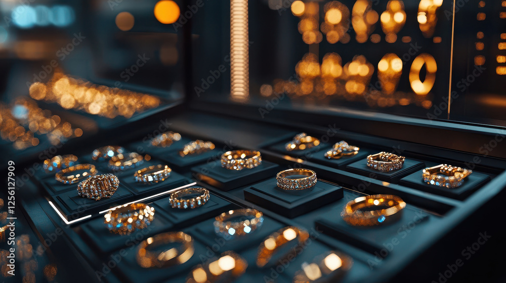 luxurious jewelry store display showcases elegant rings and bracelets luxurious jewelry store display showcases elegant rings and bracelets