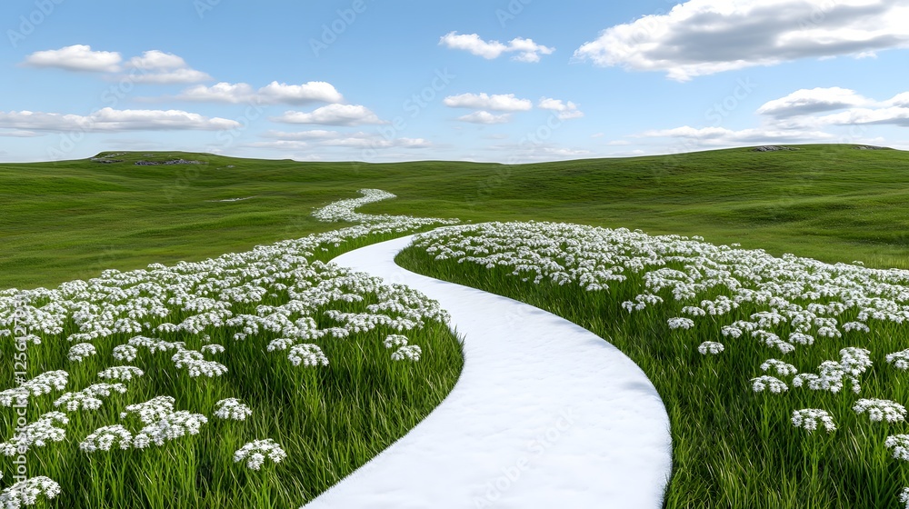 Obraz premium Serene Landscape with Winding Path Through Flowering Meadow Scene
