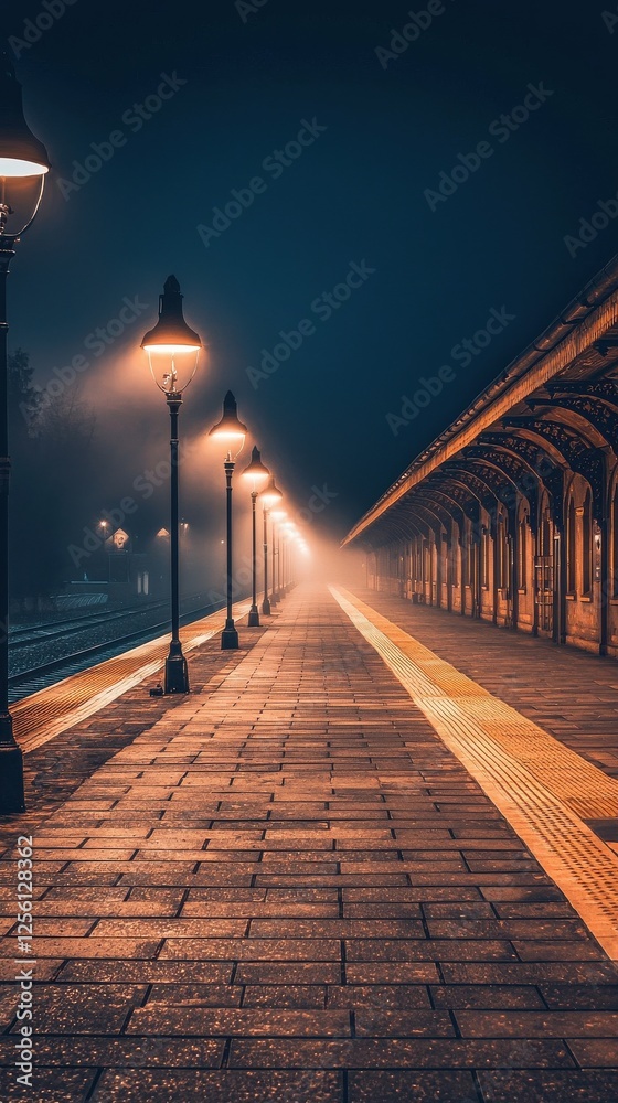 Obraz premium Misty evening train station platform urban landscape atmospheric wide angle journey concept