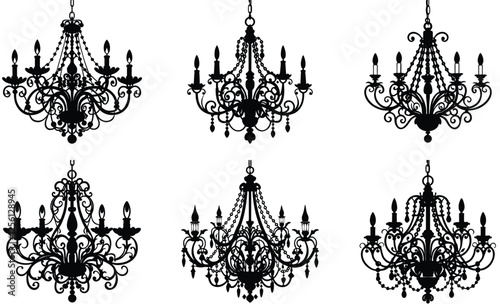 Chandelier silhouette set, vintage chandelier ornament vector icons