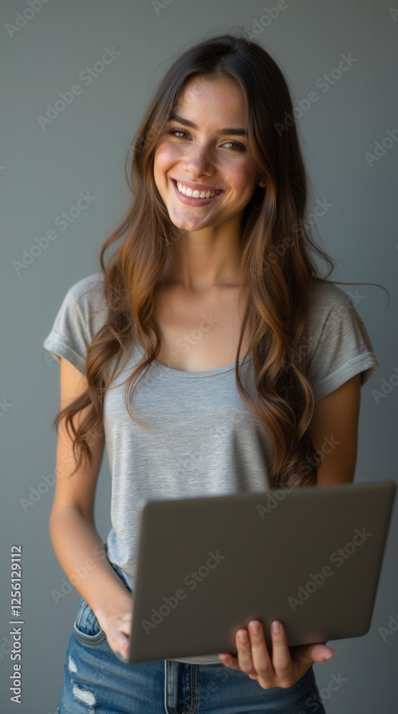 Naklejka premium Happy Asian Young Woman Working with Laptop in Studio