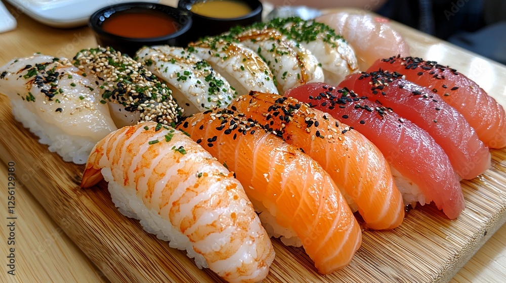 Freshly prepared sushi assortment on a wooden platter with sauces in the background Freshly prepared sushi assortment on a wooden platter with sauces in the background