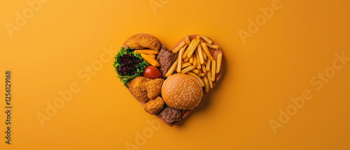 heart shaped arrangement of fast food including burger, fries, and fried chicken on orange background photo