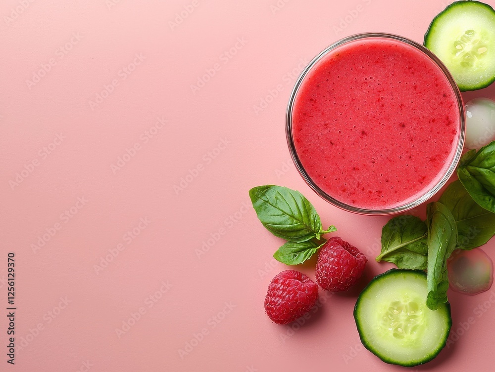 Refreshing raspberry cucumber smoothie recipe kitchen beverage bright environment top view healthy concept Refreshing raspberry cucumber smoothie recipe kitchen beverage bright environment top view healthy concept