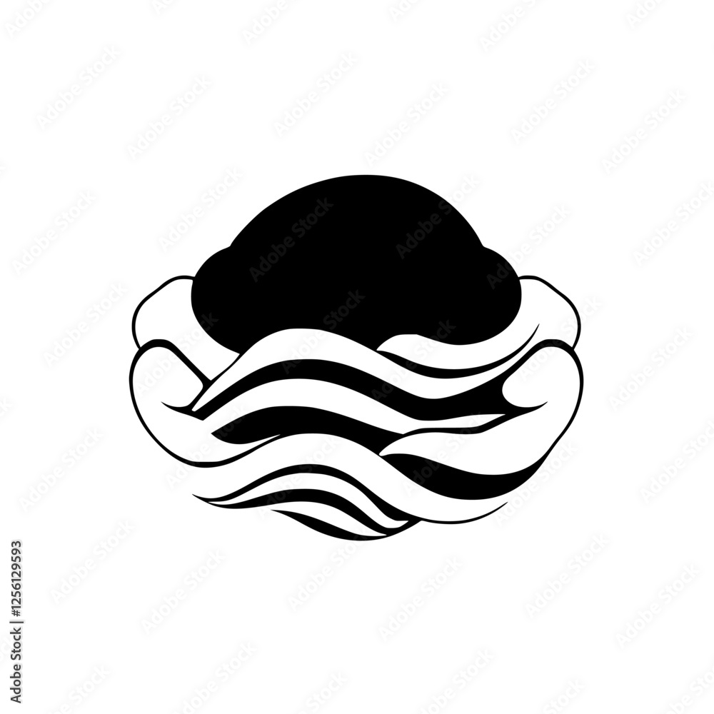 A black and white illustration of a cloud being held by hands with curved wave lines in a black and white background. A black and white illustration of a cloud being held by hands with curved wave lines in a black and white background.